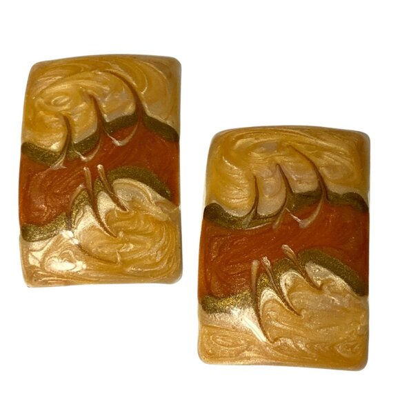 Vintage Cream Beige Copper Swirl Enamel Clip On Earrings 70s 80s Retro Fall - Picture 2 of 11